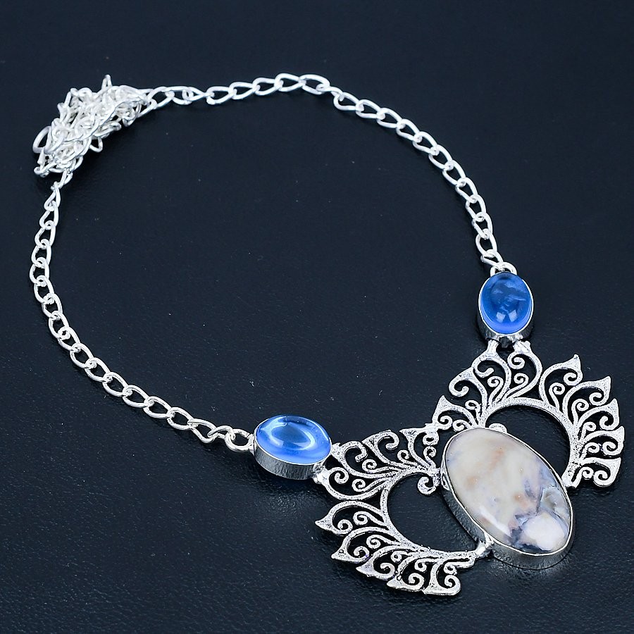 Ocean Fume Agate, Blue Topaz 925 Sterling Silver Necklace 18″