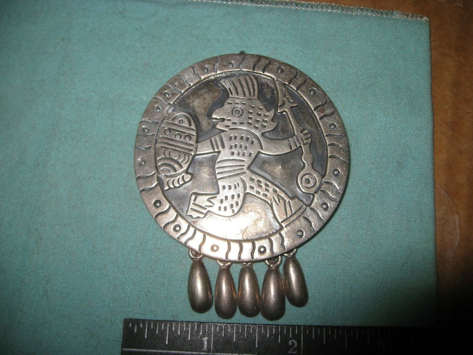 Large Aztec Eagle Warrior With Spear & Shield Pendant With Dangles