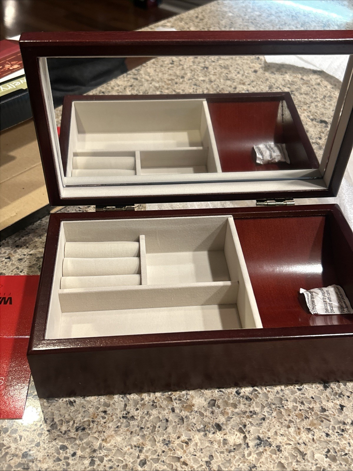 Mahogany Finish Wooden Jewelry Box NEW Table Top Hinged Lid