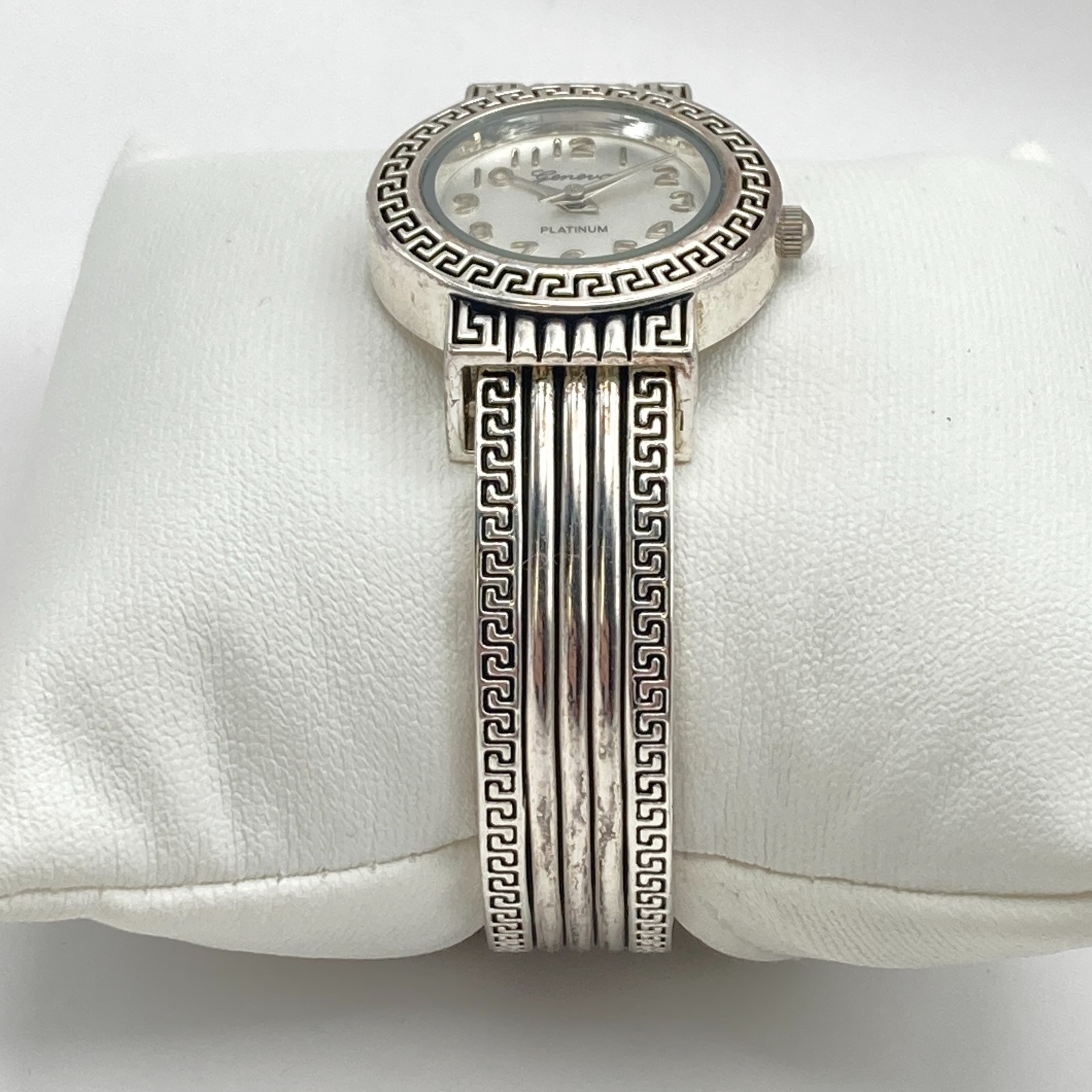 Geneva Women’s Watch 27mm Greek Key Silver Tone Cuff Round New Battery 6.25″