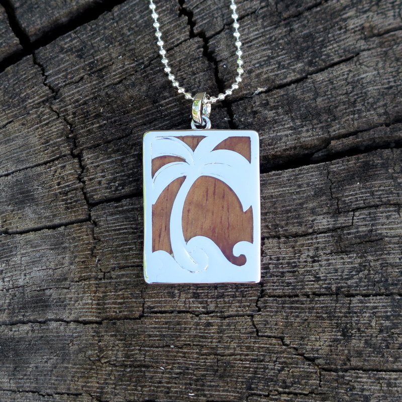 Koa Wood Hawaii Jewelry Plum Tree Silver Rhodium Plated Brass Pendant #BRP1167