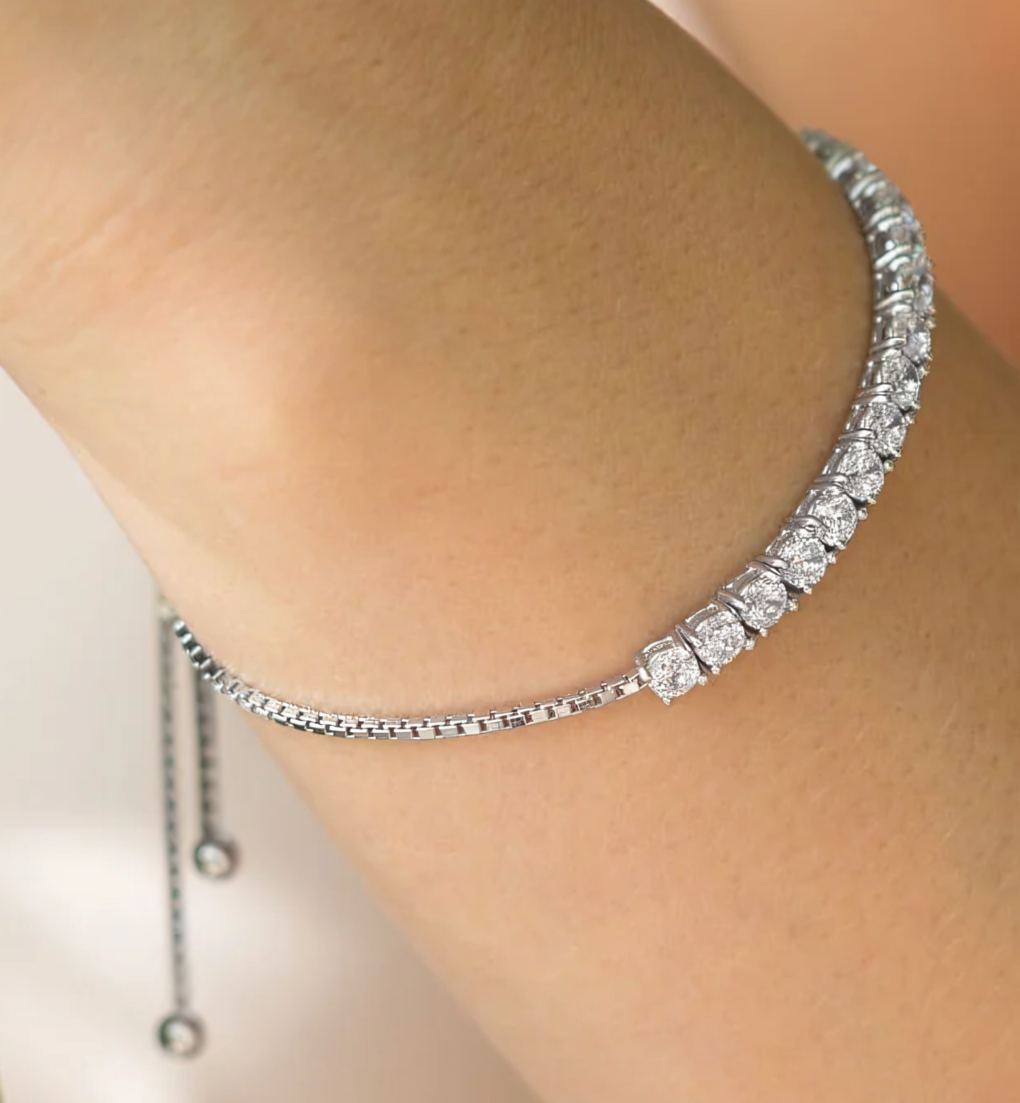 CZ Bar Friendship Bolo Bracelet Rhodium Plated 925 Silver 3mm Adjustable