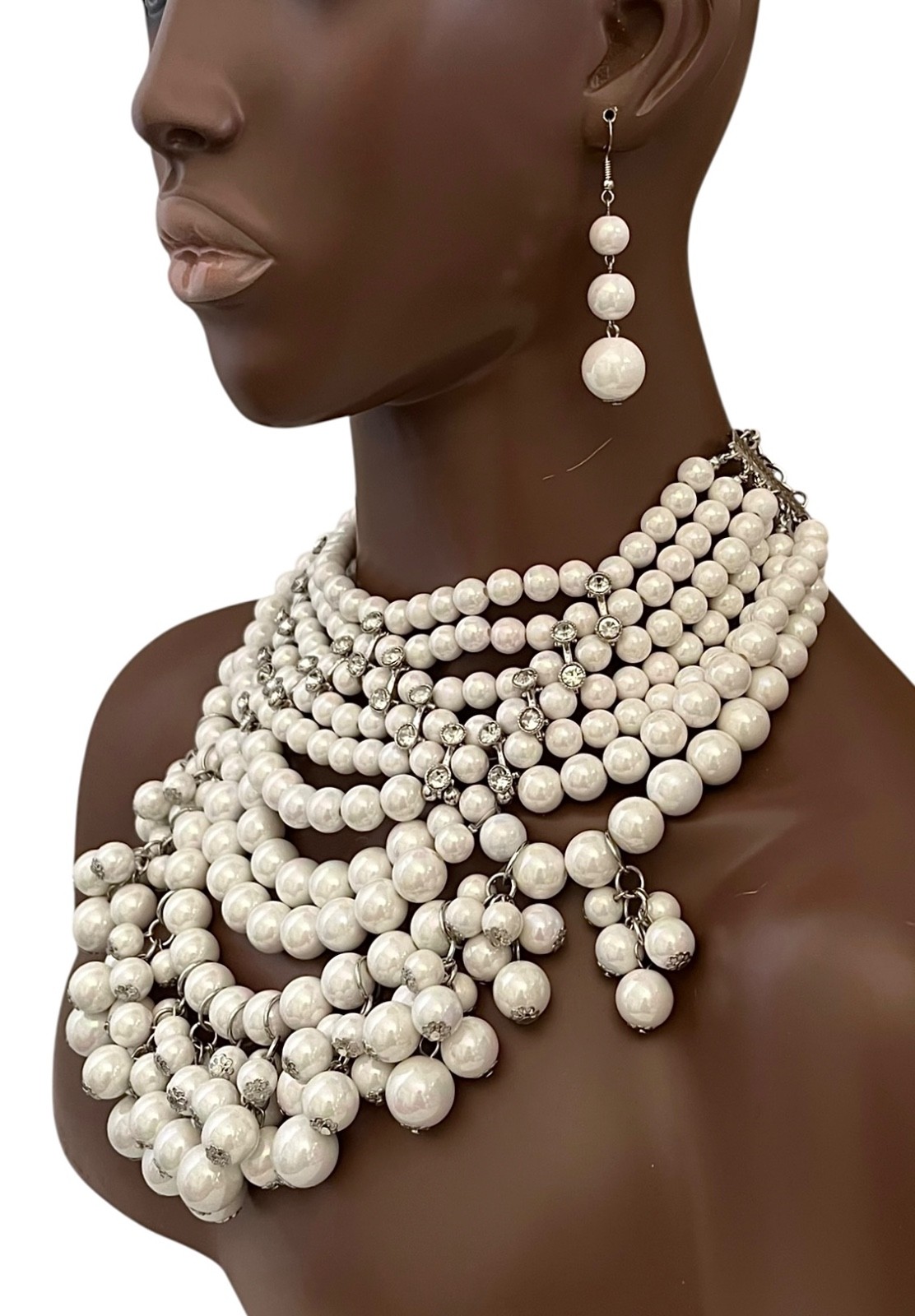 White Beads Clear Crystal Statement Burlesque Inspired Bib Necklace Earrings Set
