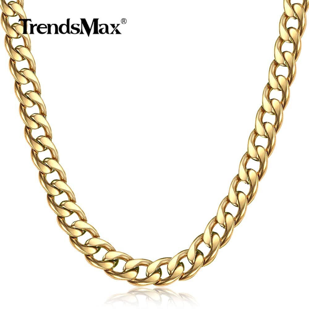 8mm 24″ Gold Plated Stainless Steel Curb Cuban Link Chain Necklace