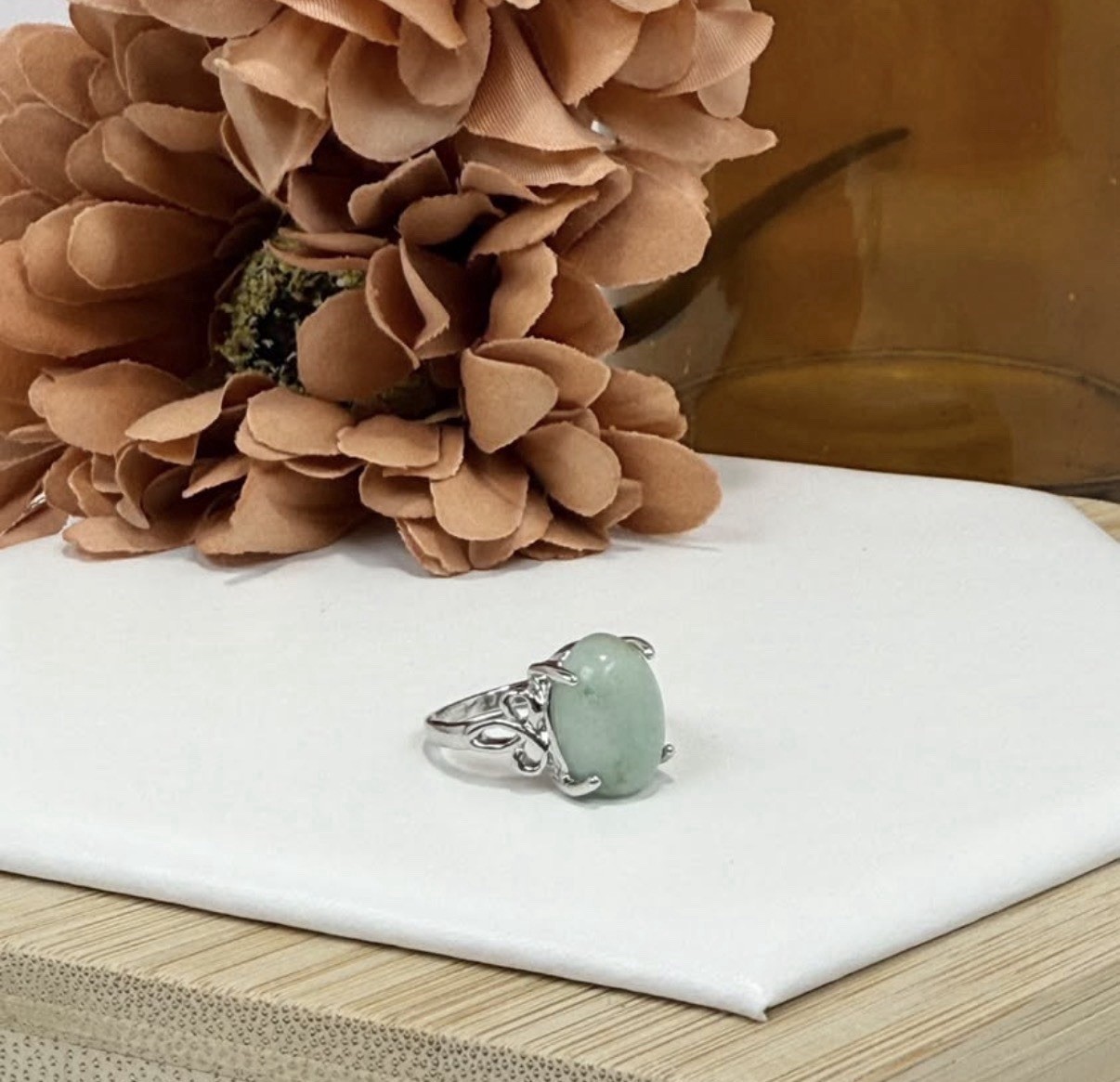 Jade Pale Green Adjustable Alloy Ring 13.3/10MM