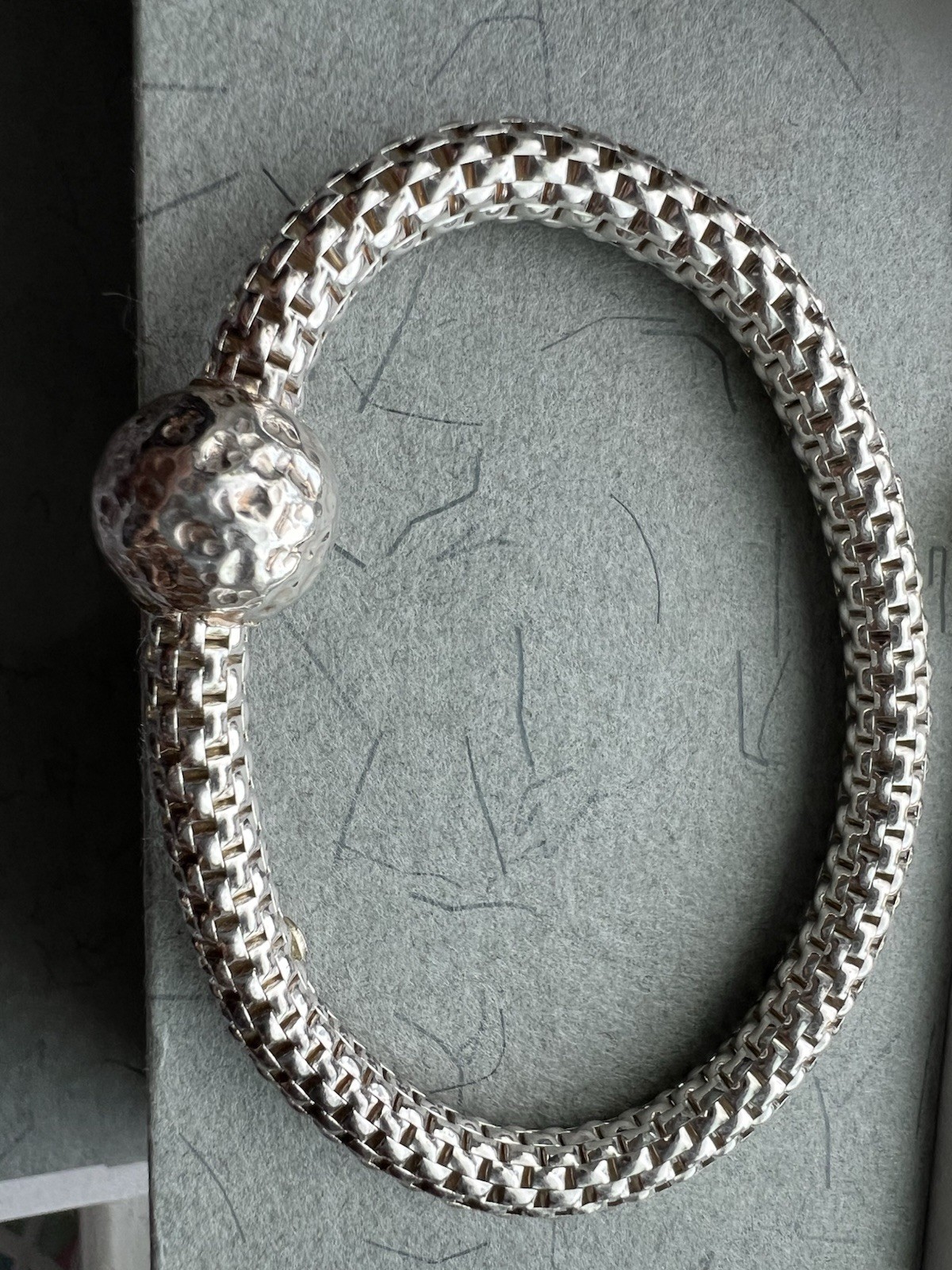 Italy 925 Sterling Silver Byzantine Chain stretch Bracelet with Hammered Ball