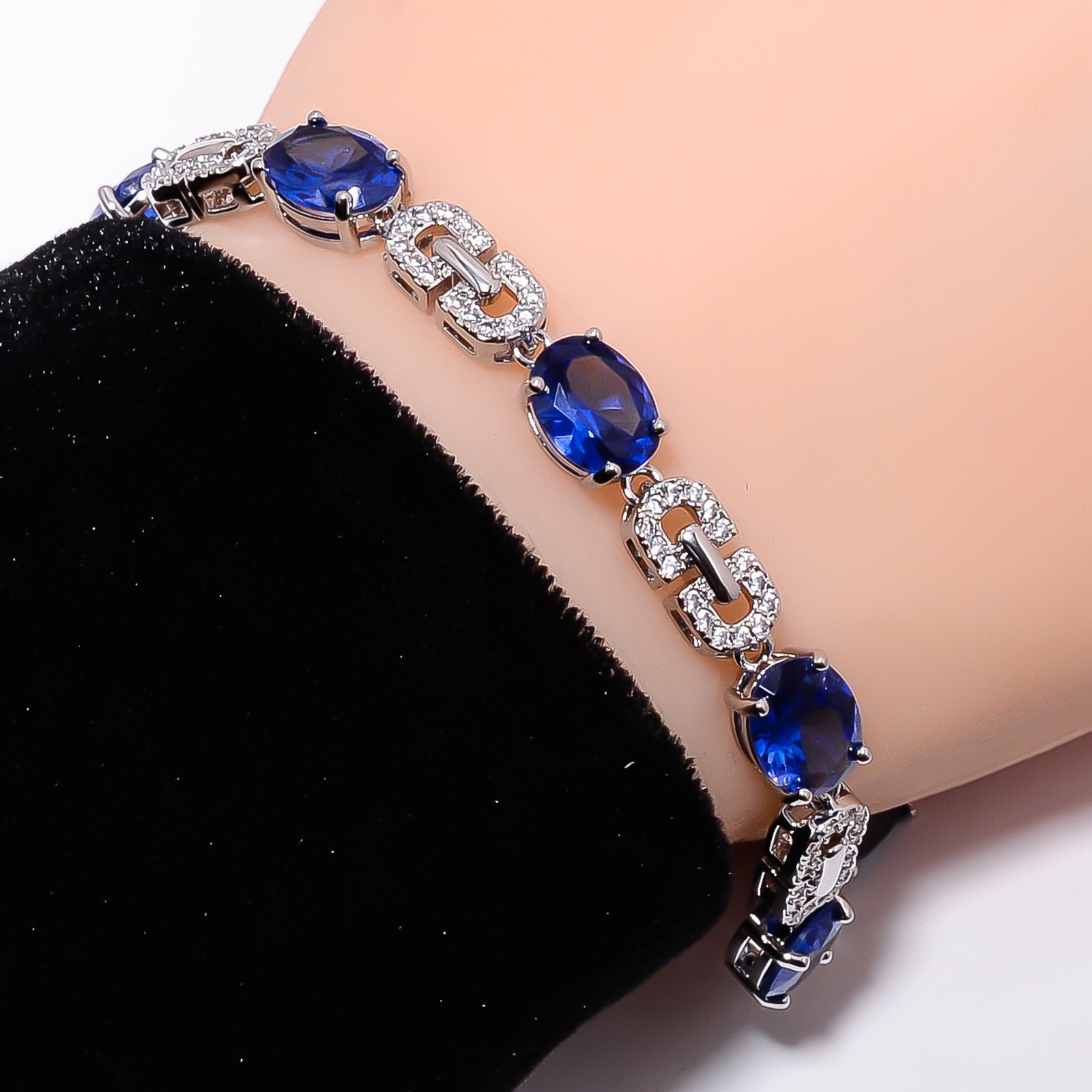 Blue Sapphire -Simulated, CZ 925 Sterling Silver Adjustable Bracelet 7-8″ B0229