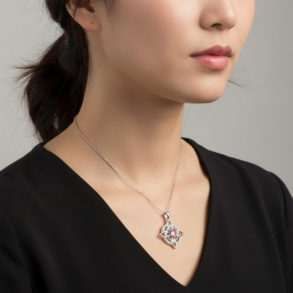 Celtic Knot Necklace Pendant Red Gem Drop Charm Silver Tone Chain for Men Women