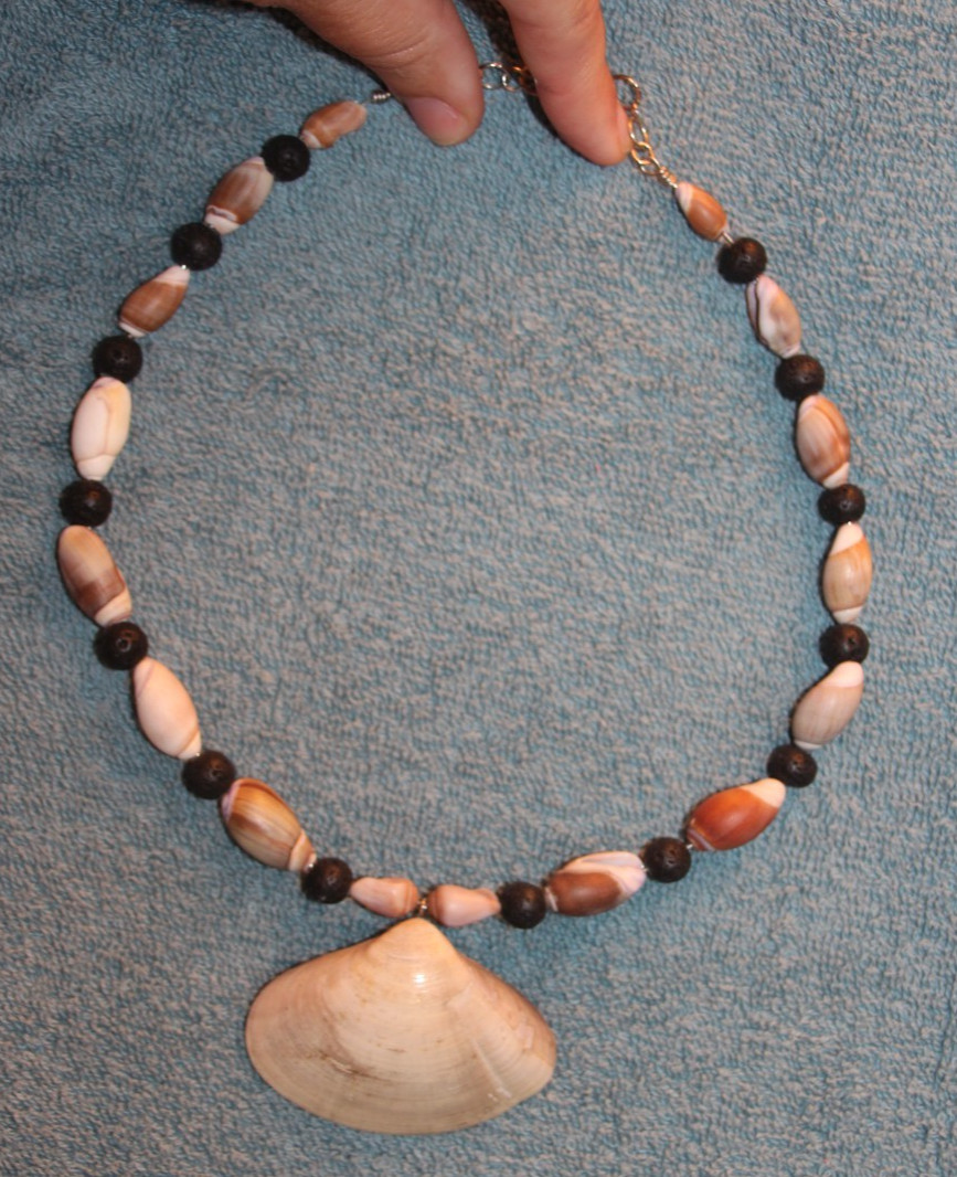 Clam Seashell Necklace with Olive Shells and Black Lava Stone Beads on Wire
