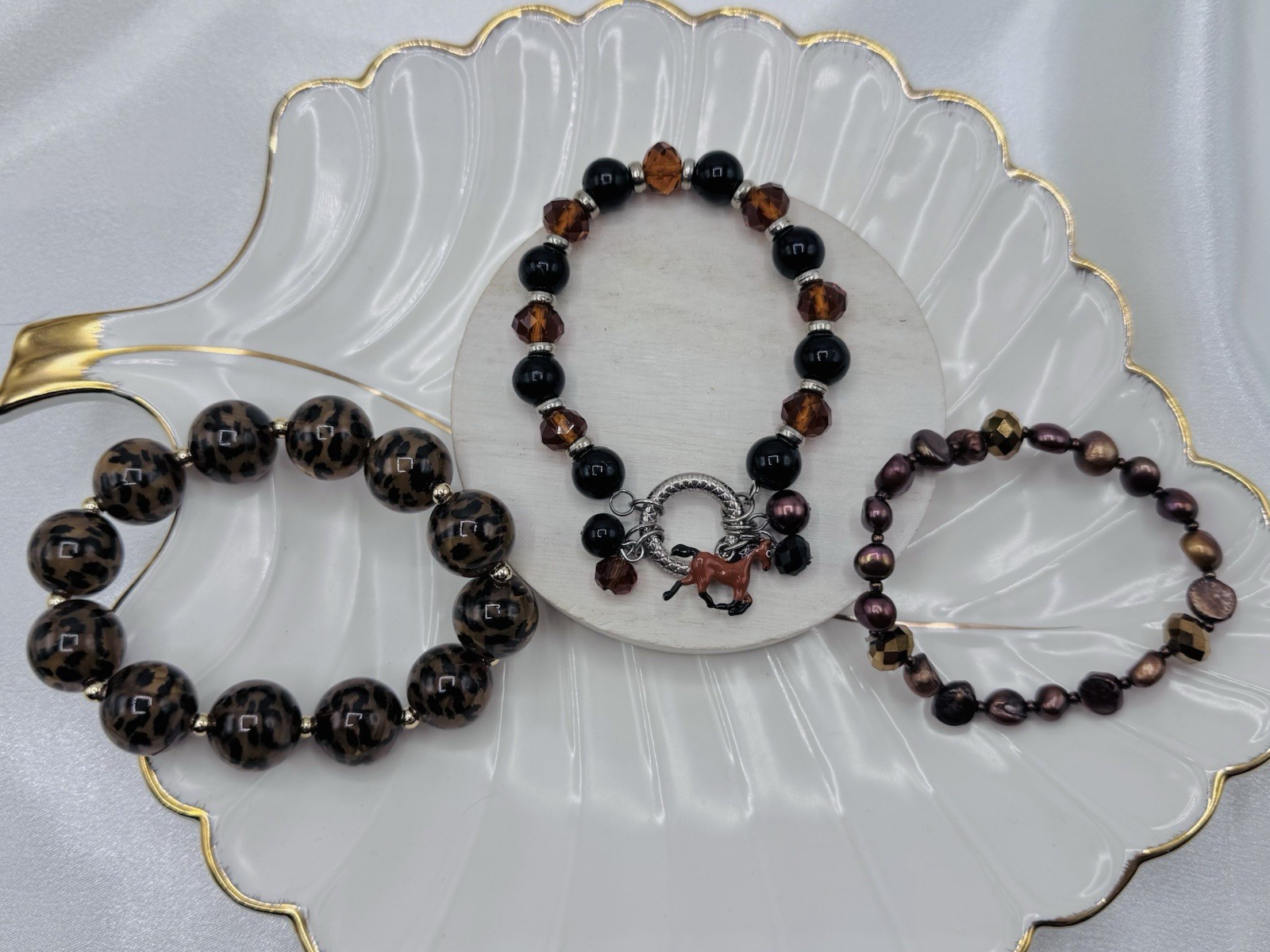Western Horse Charm Stretch Bracelet Stack Set | Leopard Print, Faux Pearls