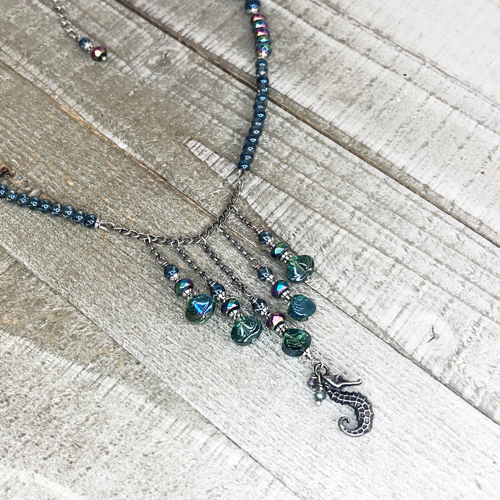 Seahorse Choker, Titanium Coated Quartz, Faceted Hematite, Glass Seashell Neckla