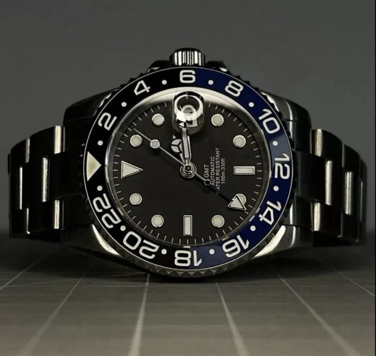 Custom 40mm GMT Style “Batman” Mod Watch w/ NH34 Automatic – Bezel Lumes