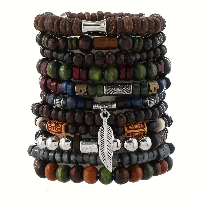 10Pcs Vintage Bohemia Men’S Bracelets – Fashion Stylish Leaves Wristwear Accesso