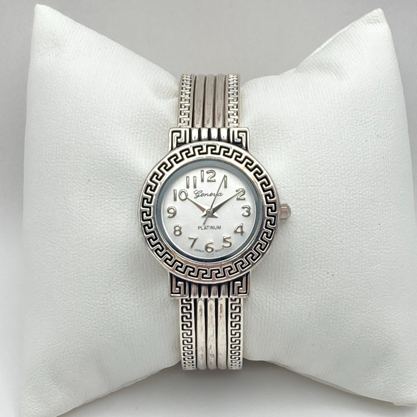 Geneva Women’s Watch 27mm Greek Key Silver Tone Cuff Round New Battery 6.25″