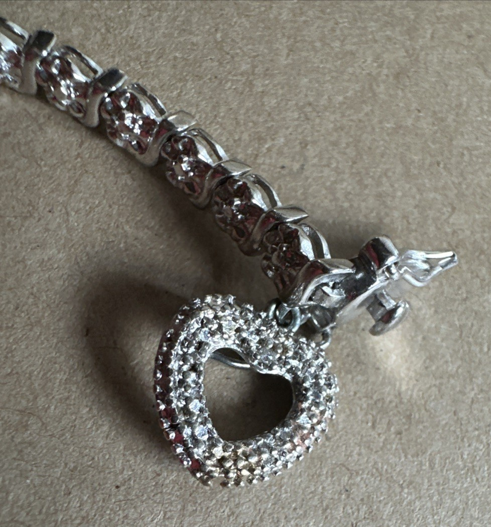 Marked 925 Platinum Over Silver Diamond Accent Tennis Bracelet w/ Heart Charm