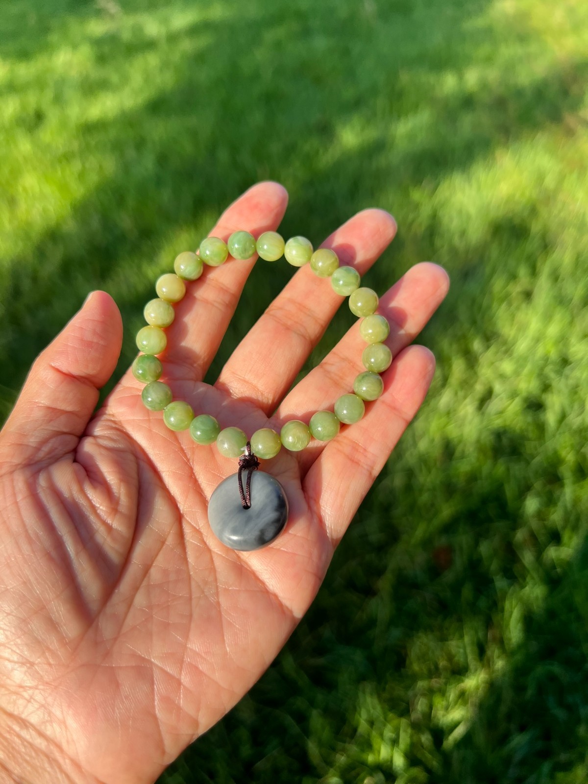 Genuine Green Nephrite Jade 7.8mm Bead PingAn Pendant Bracelet H318 b1