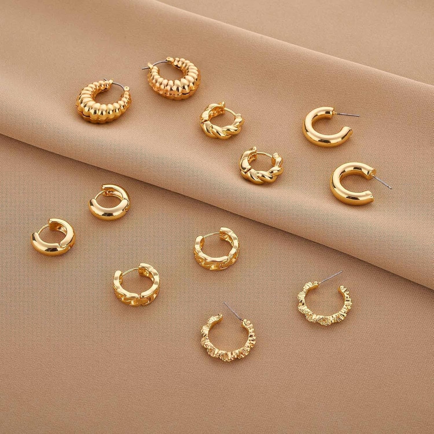 Luxurious 14K Gold Plated Chunky Hoop Earrings – 6 Pairs for Every Occasion