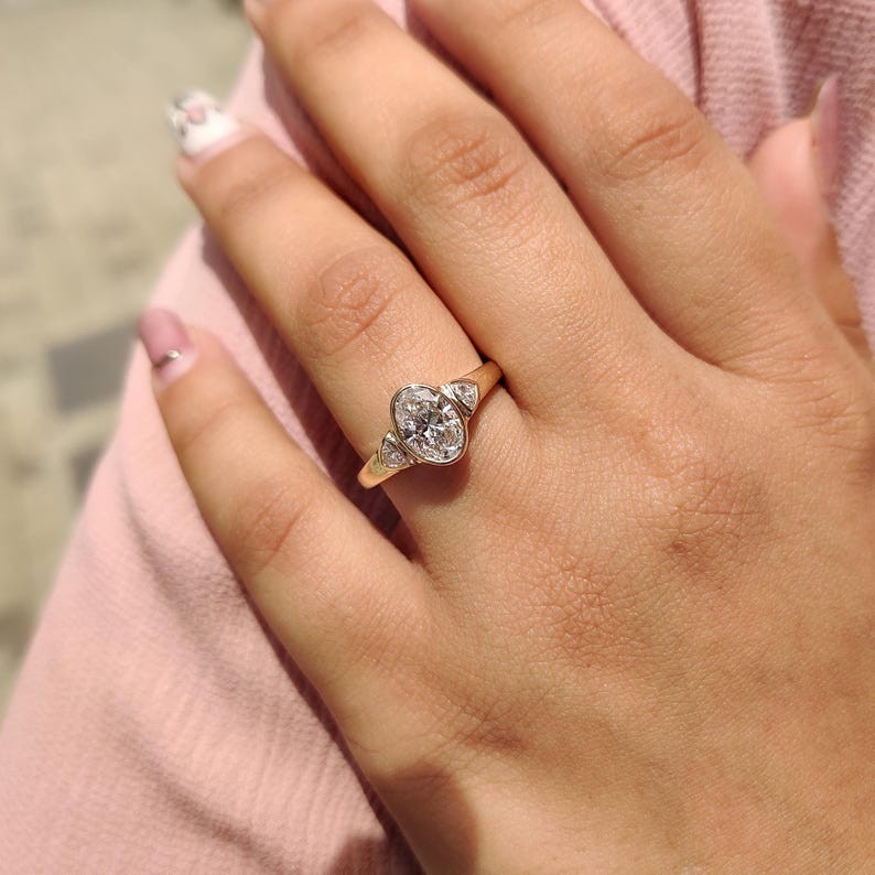 Oval Cut Lab Grown Diamond Three Stone Ring Full Bezel Set Engagement Ring IGI