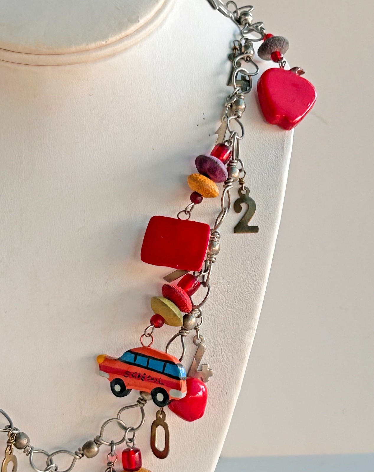 Kitchy School Teacher Themed Charm Necklace Buses Pencils Books Numbers 31″ J10