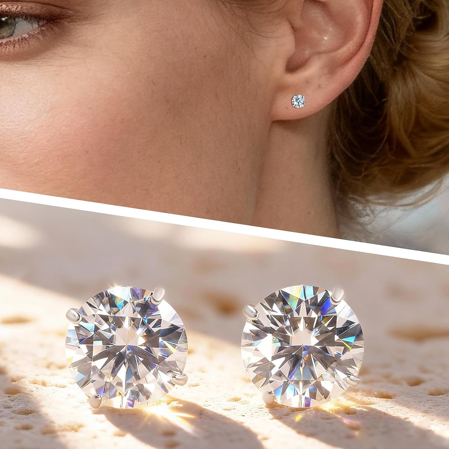 Moissanite Stud Earrings, 3 Pairs Titanium Screw Back Earring, D Color VVS1 Clar