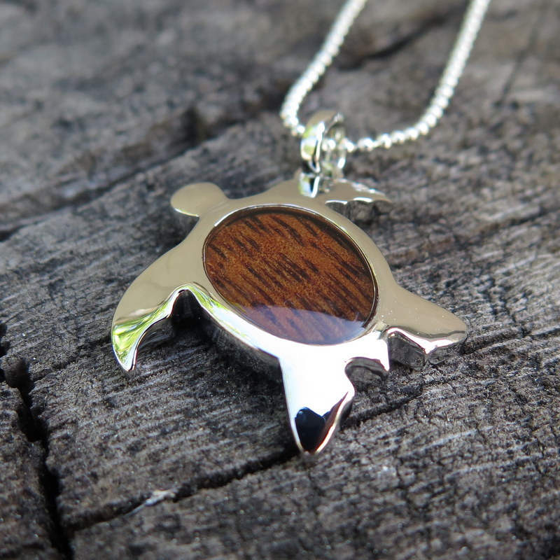 Hawaii Jewelry Koa Wood Honu Turtle Silver Rhodium Plated Brass Pendant BRP1111