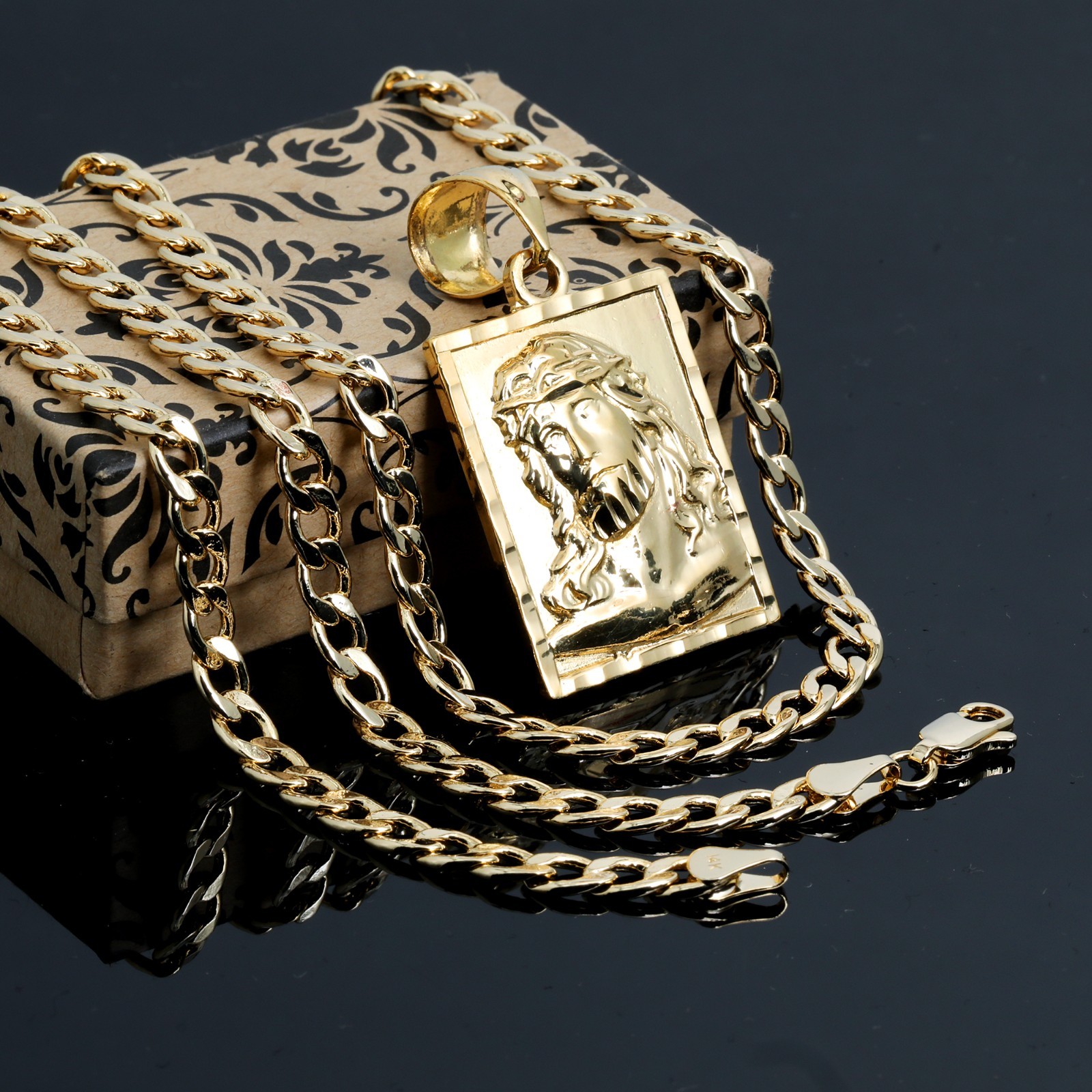Block Jesus Face Charm Pendant 14k Gold Plated Brass 5mm 20″ Cuban Choker Chain