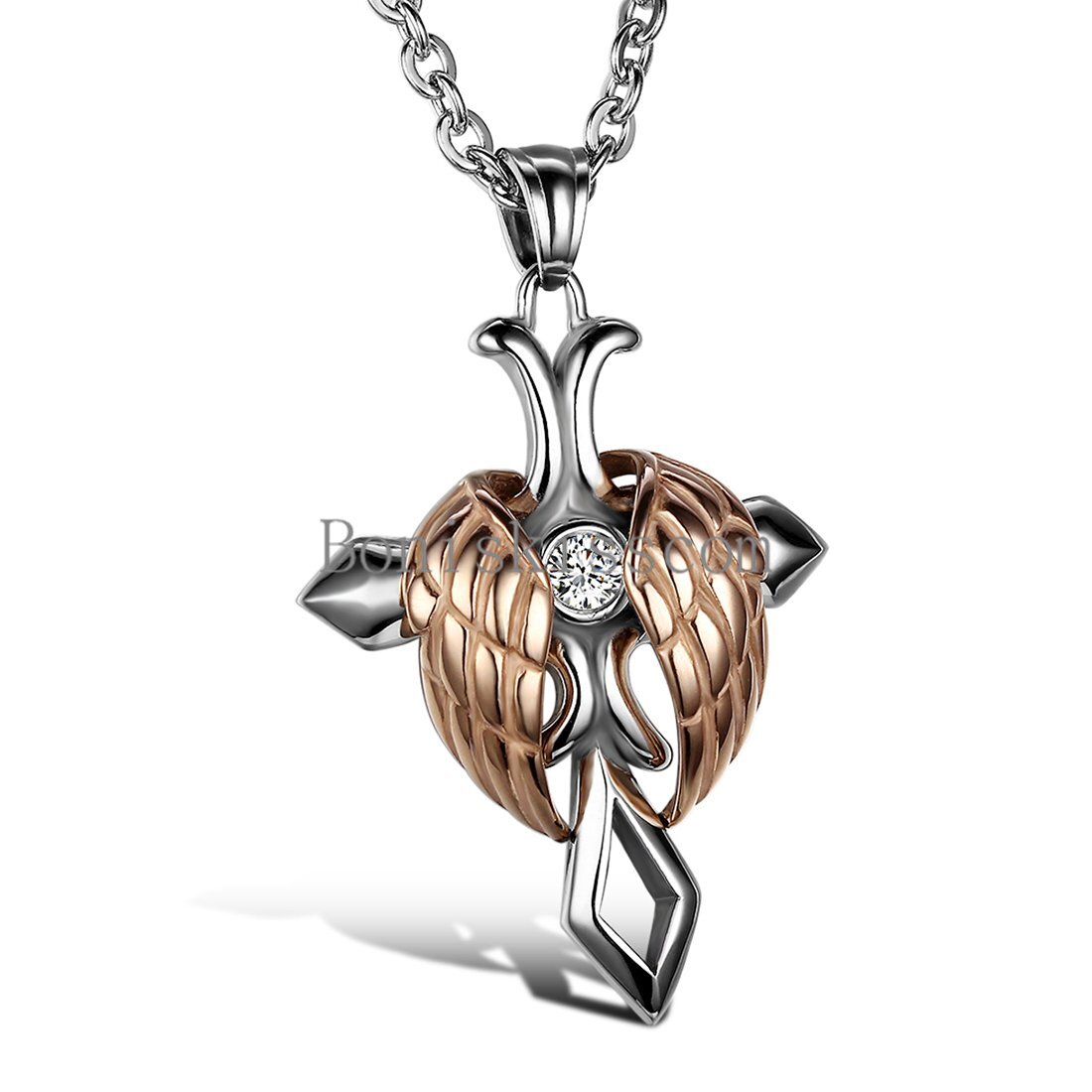 Men Women Angel Wing Celtic Cross Rhinestone Stainless Steel Pendant Necklace