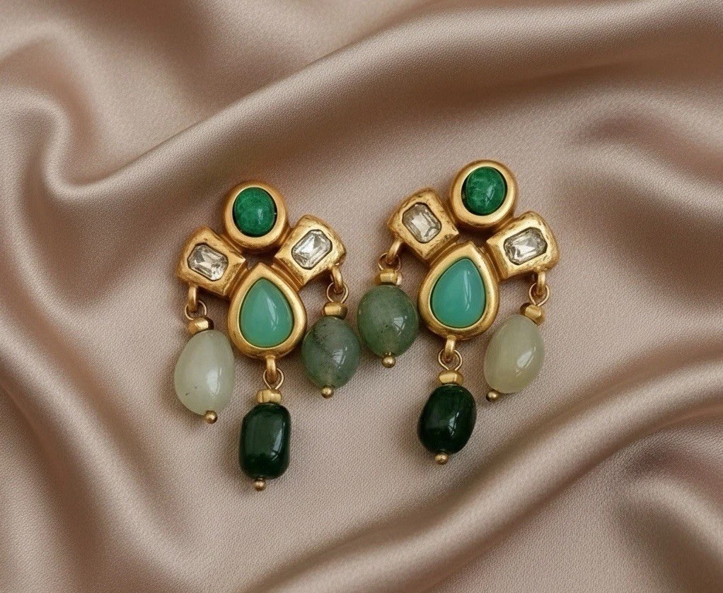 Medieval Museum Earrings Gold Hammered Antique Cabochon Boho Stud Statement VTG