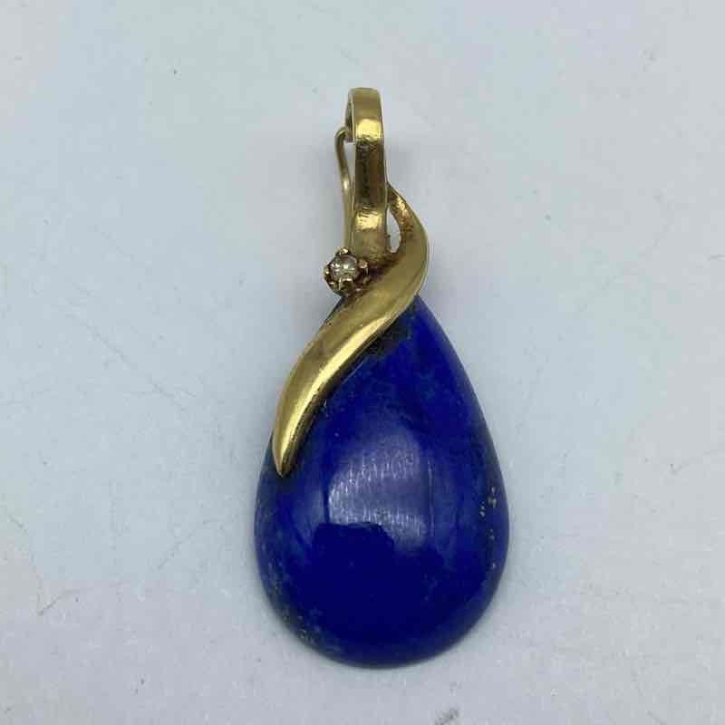 14K Yellow Gold Teardrop Lapis Lazuli and Diamond Pendant 1.125″ 2.5g