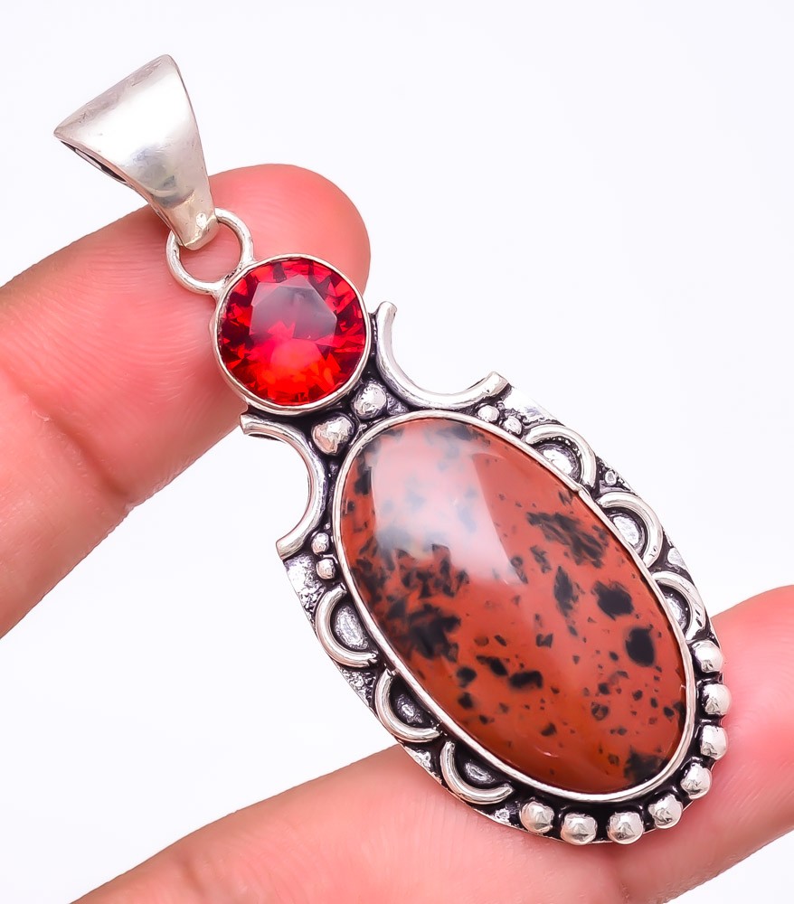 Natural Mahogany Obsidian, Garnet Gemstone 925 Silver Plated Pendant 2.4″ T861