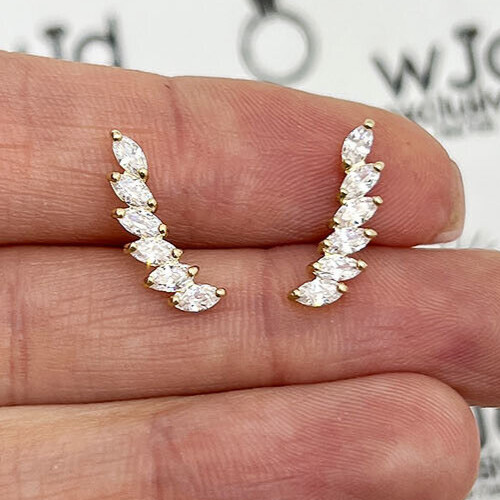 14K Yellow Gold 1.5CTW Simulated Diamond 15mm Curved Climber Leaf Stud Earrings