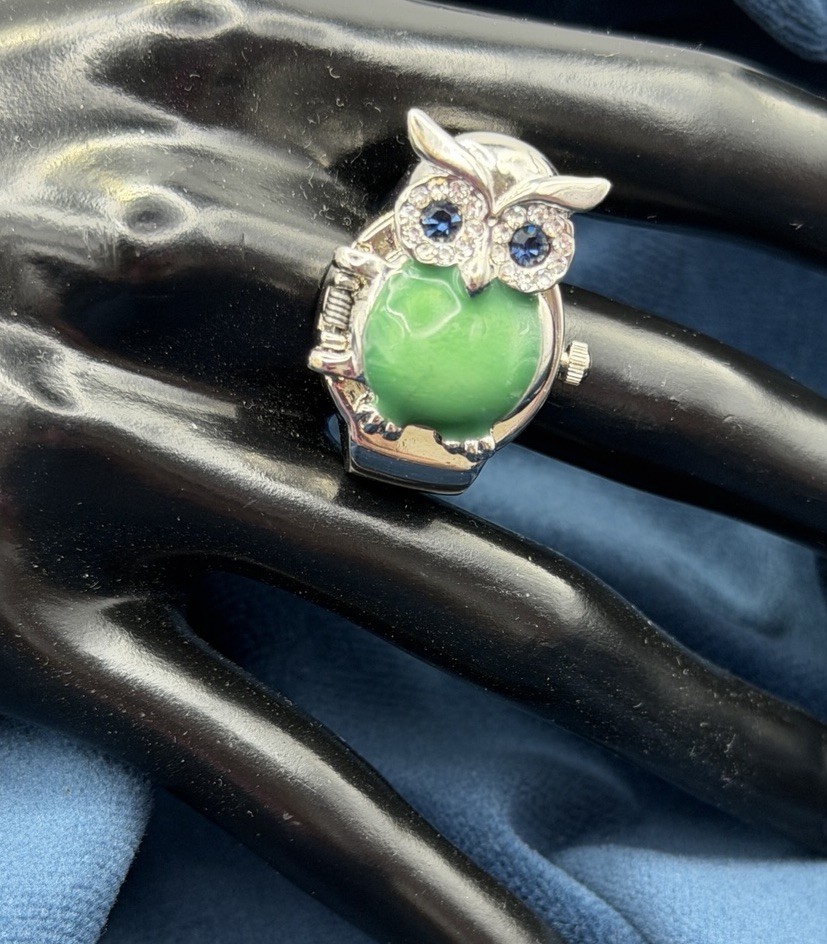 Strada Owl Ring Watch Adjustable Hidden Face Green Stone Rhinestones Silver Tone