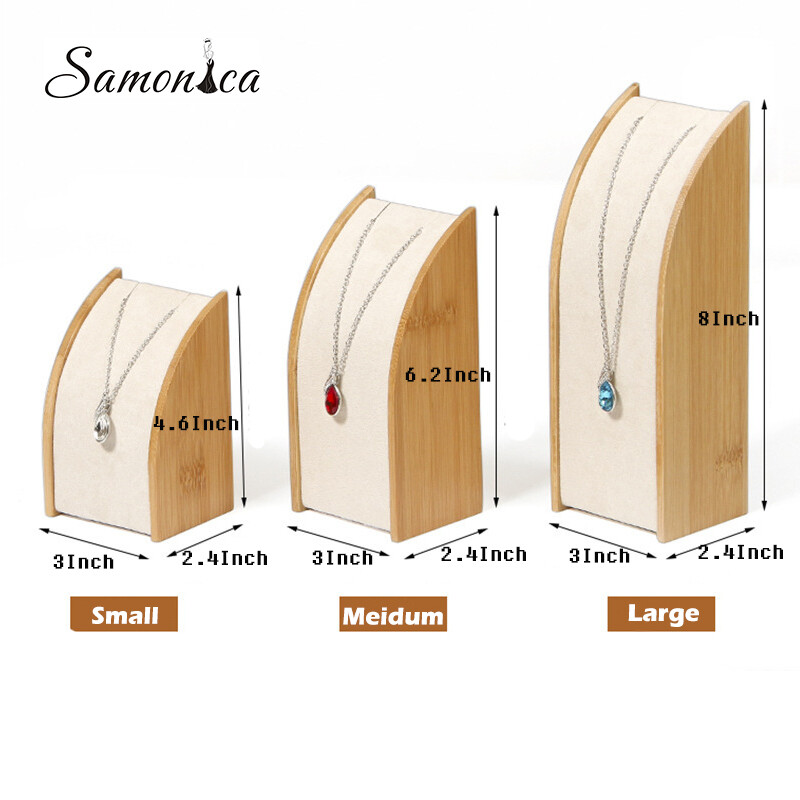 Bamboo Beige Velvet Jewelry Display Rack Storage Necklace Pendant Organizer