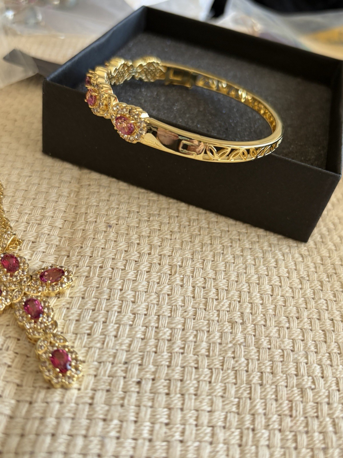 Woman’s Pink Mystic Topaz 18K Gold Plated Cross Necklace Bracelet 7.36ctw