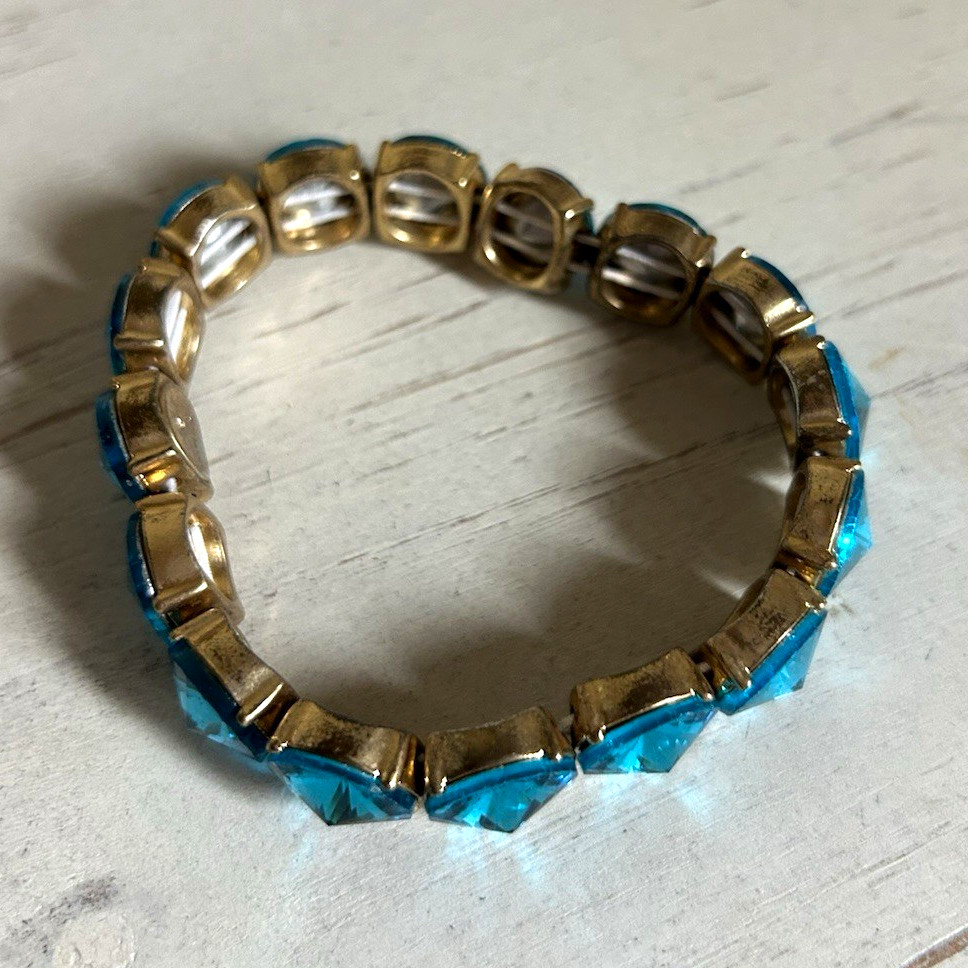 Gold Tone Blue Round Crystal Stackable Stretch Bangle Bracelet, No Clasp
