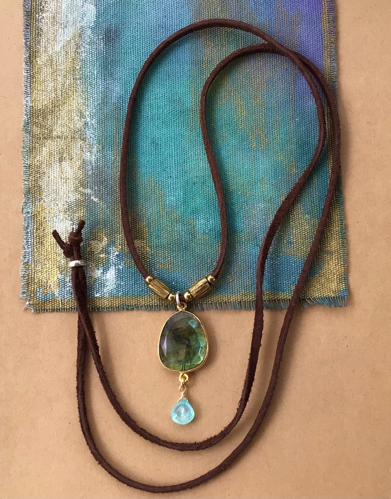$270 Labradorite Aquamarine Sundance Charm Necklace leather suede cord jewelry