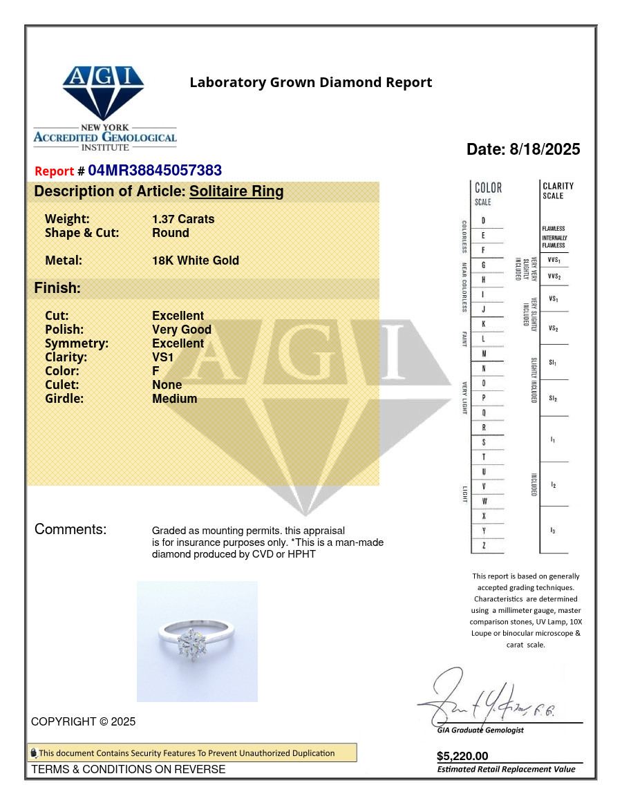 Classic Solitaire Engagement Ring 18K Gold 1.37 CT Round Lab-Grown Diamond F VS1