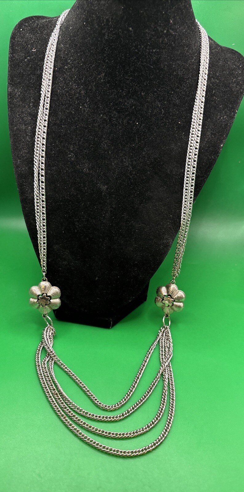 Vintage ROGET Silver Tone Multi Strand Necklace Lovely Flower Accents