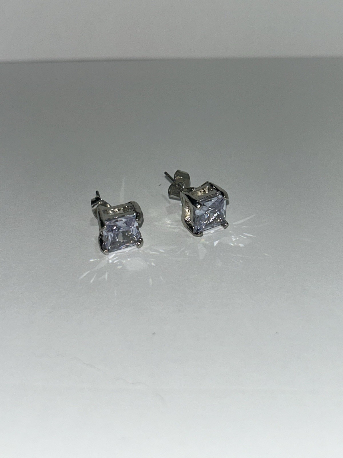 8mm Princess Cut Zircon Stud Earrings Silver Plated Diamond Alternative