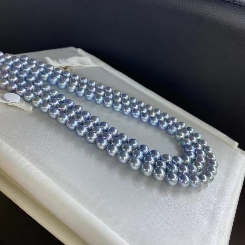Rare ocean blue Aurora Madama 7-7.5mm Japanese Akoya saltwater pearl necklace 01