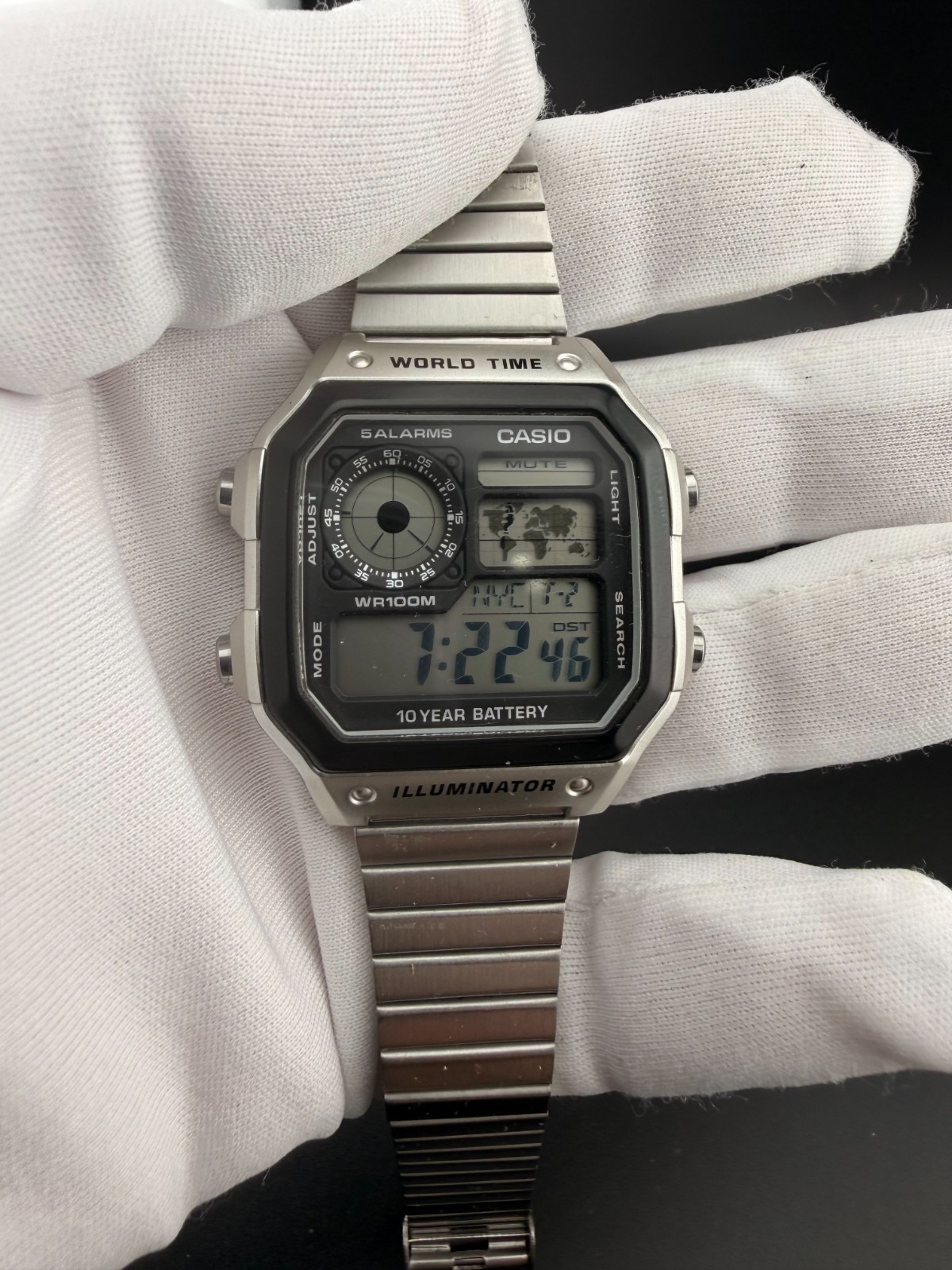 Casio Watch AE-1200WH Royale World Time Illuminator Silver w/ Original Bracelet