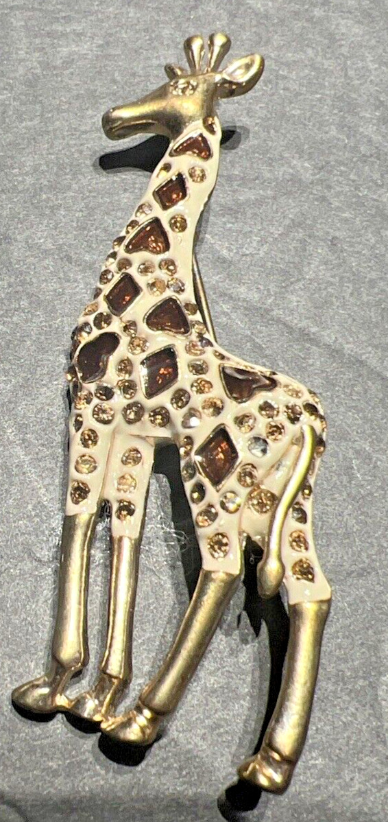Giraffe Brooch Pin with Enamel and Crystals Beautiful Vintage Goldtone Lot 139