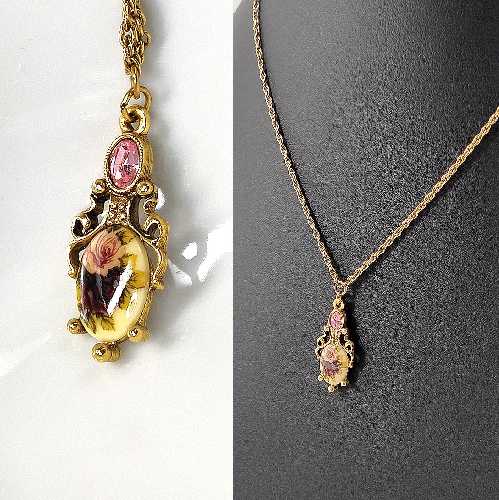 Vintage 1928 Brand Victorian Revival Pendant Necklace 90s Floral Rose Pink 19″