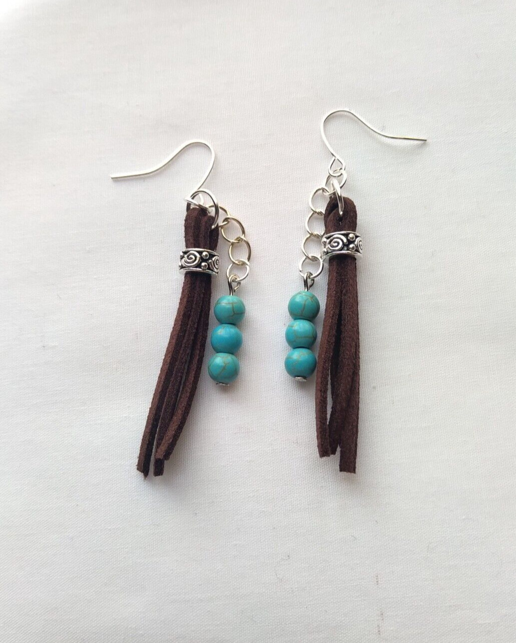 Suede Fringe Tassel Earrings Turquoise Blue Howlite Stone Bead Handmade Cowboy