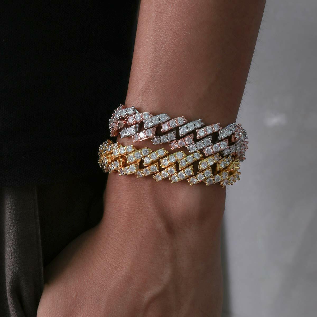 18K Gold Plated Full Iced CZ Out Stainless Steel Miami Cuban Link Bracelet Chain
