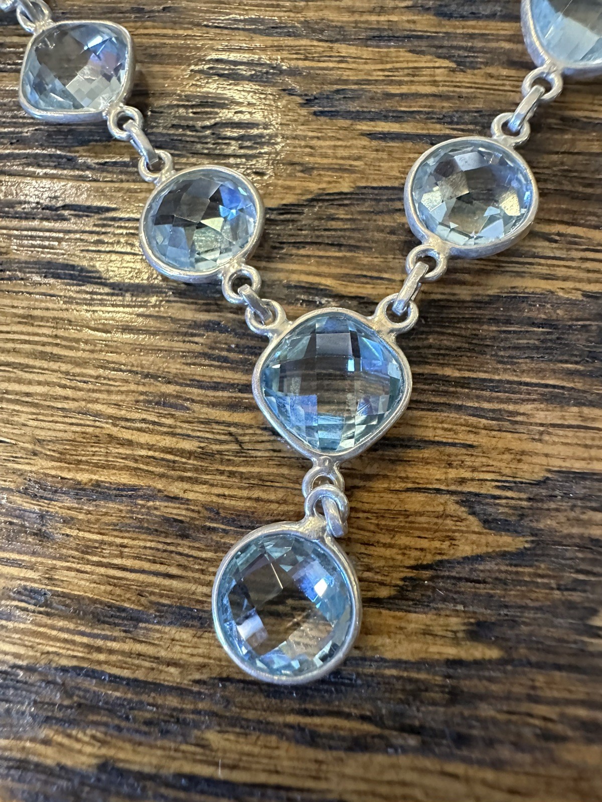 Sterling Silver 8 Faceted Aquamarine Colored Stone Necklace 16 in with 2 in ext