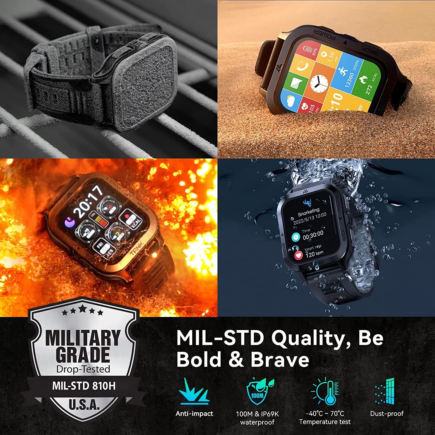 Smart Watch, 60 Days Battery, 50M Waterproof, Rugged Military ,Fitness Tracker