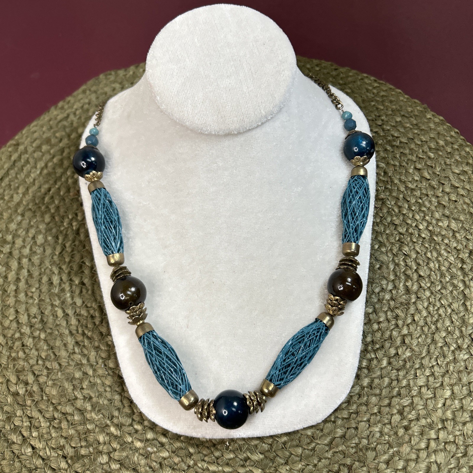 Vintage Chunky Necklace Blue Coated Wire Round Beads Muted Gold Accents