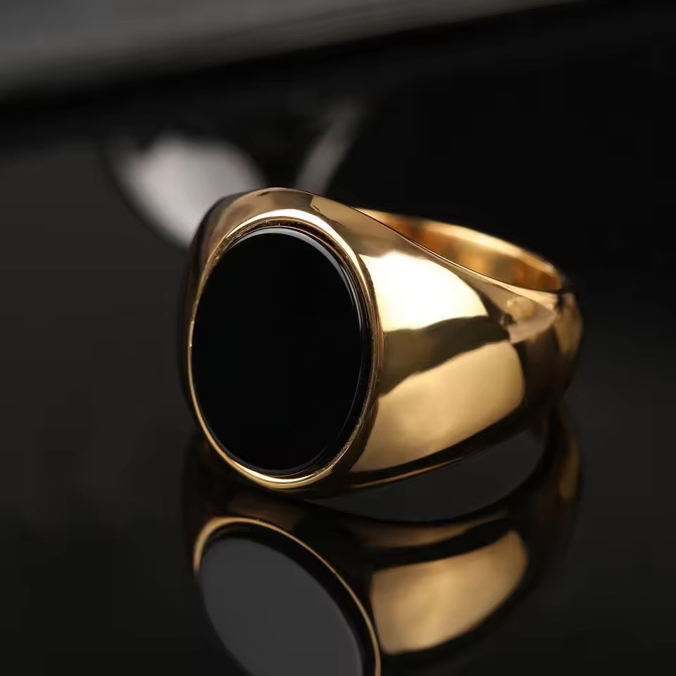 Men’s Ring High Quality 316L Stainless Steel Gold Silver Color Black Onyx Oval