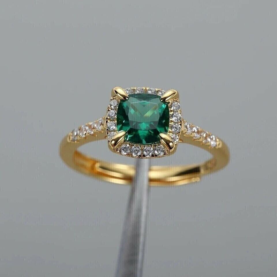 2.50Ct Cushion Cut Simulated Emerald Halo Engagement Ring 14K Yellow Gold Plated